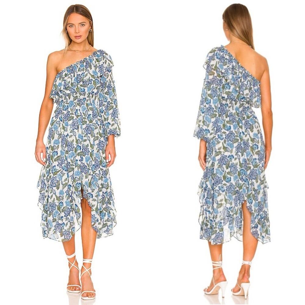 MISA Los Angeles x REVOLVE Vola Dress Flora Azulia Ome Shoulder Blue Metallic XS